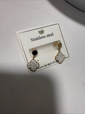 Gold-Plated Crystal Clover Drop Earrings - Stainless Steel